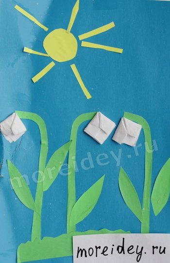 детская весенняя поделка аппликация с элементами оригами подснежники