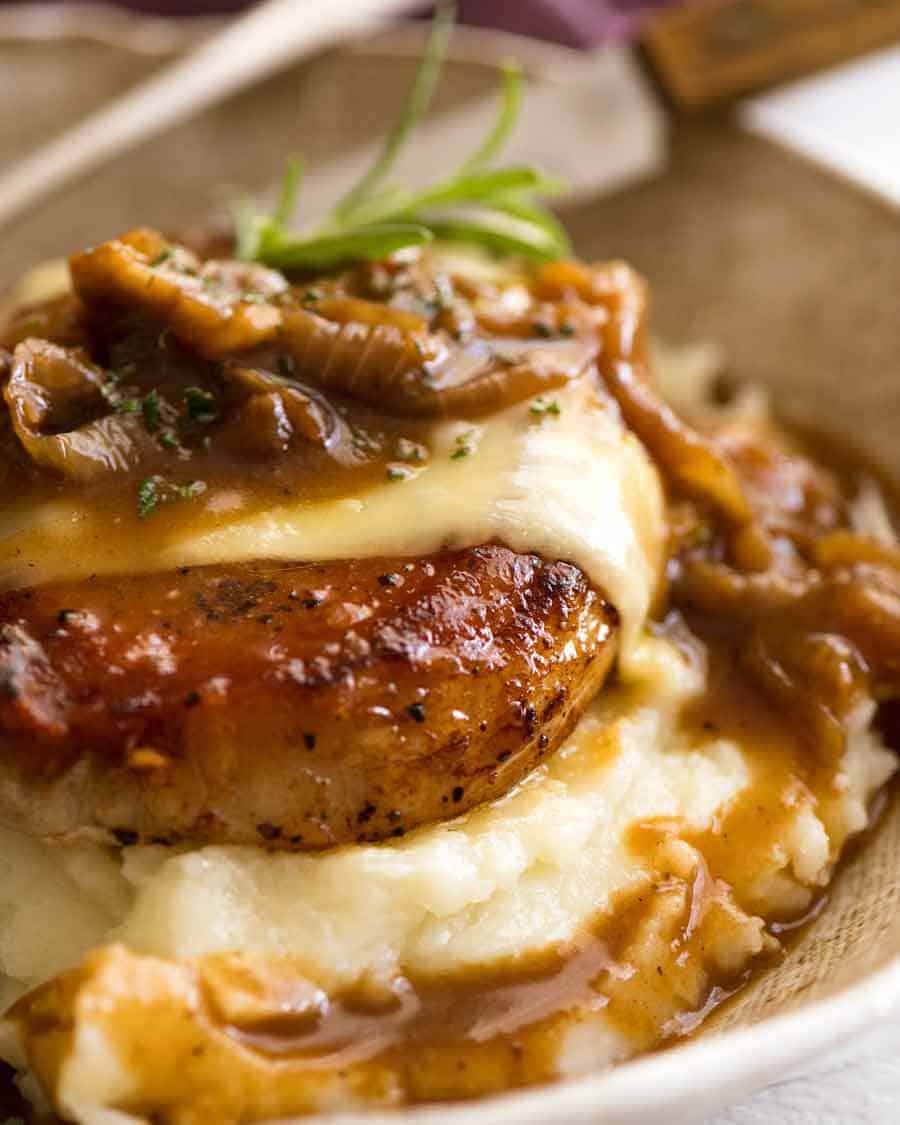 Close up of French Onion Smothered Pork Chops