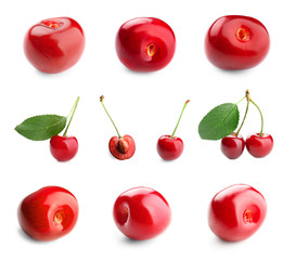 Collage of red cherries and green leaves on white background