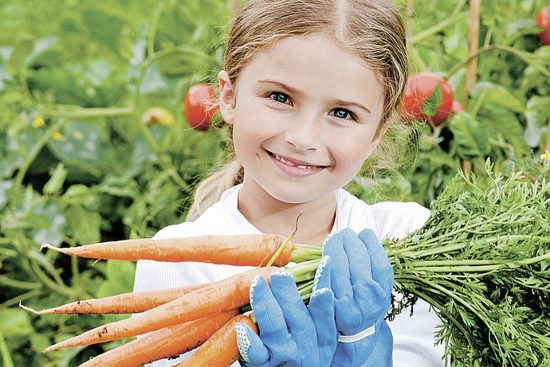 Девочка с морковью в рука на огороде