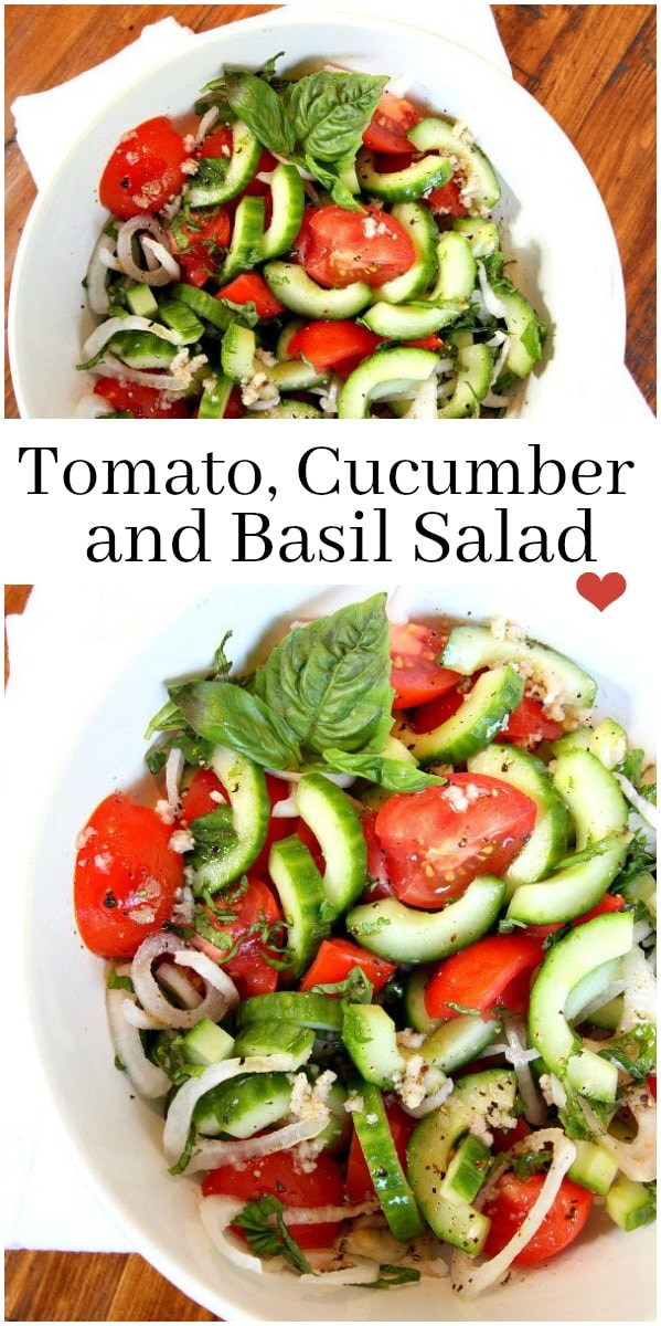 Pinterest collage image for tomato cucumber and basil salad